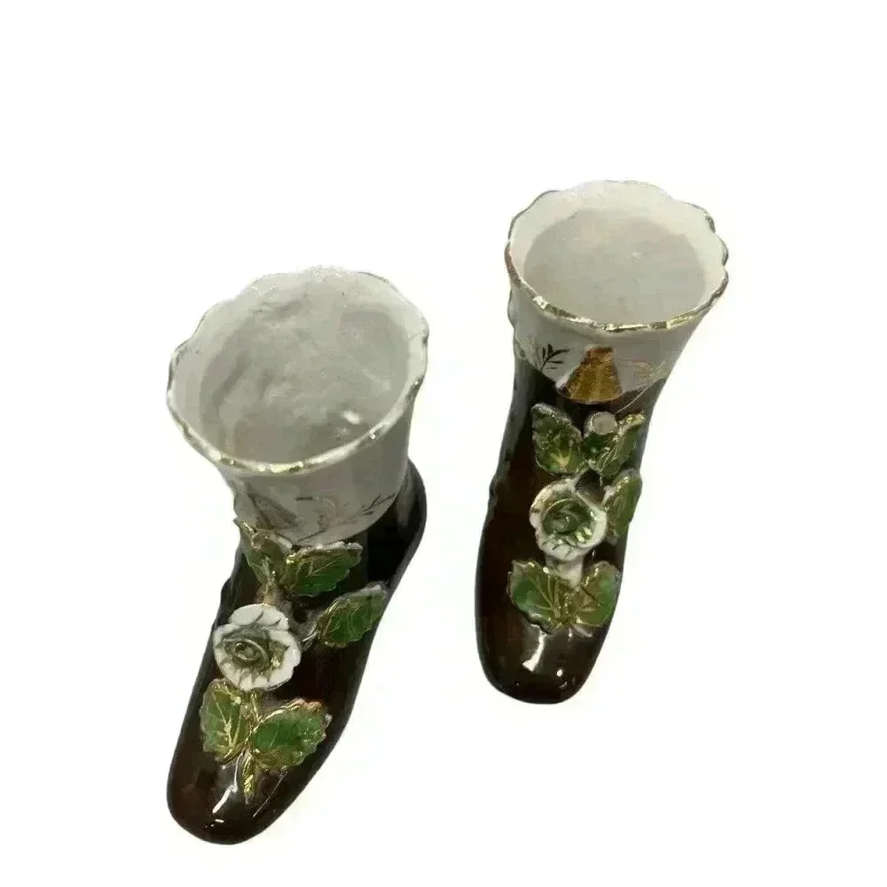 Set of Vintage Porcelain Miniature Shoe Vases Brown with Applied Flowers 3